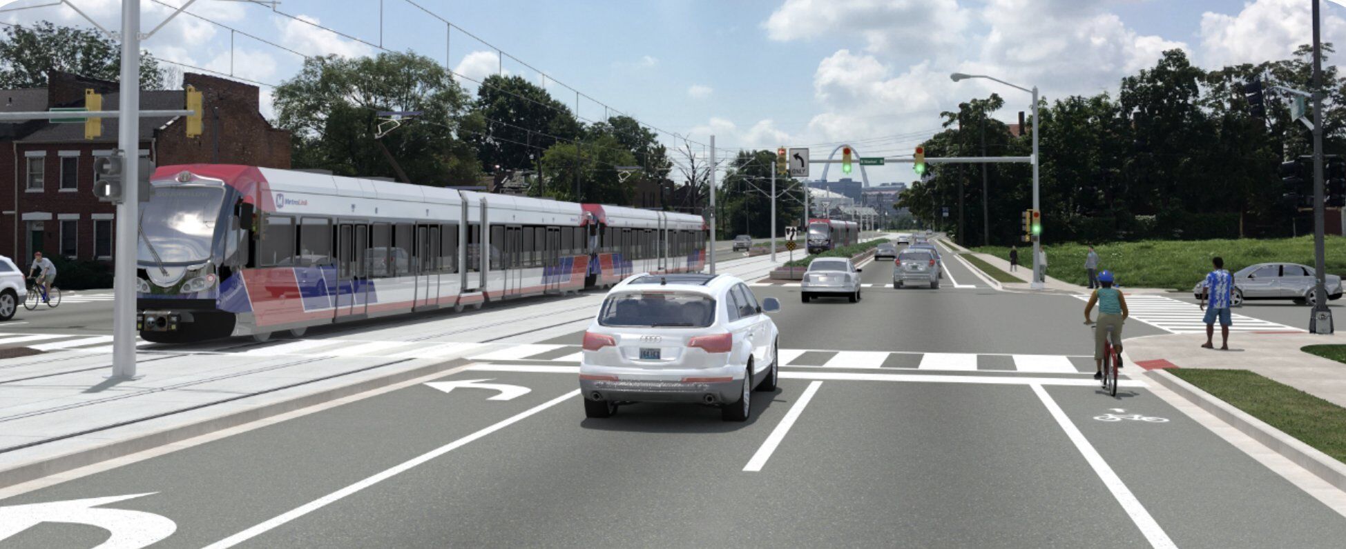 Rendering of MetroLink train traveling down median of Jefferson Avenue.